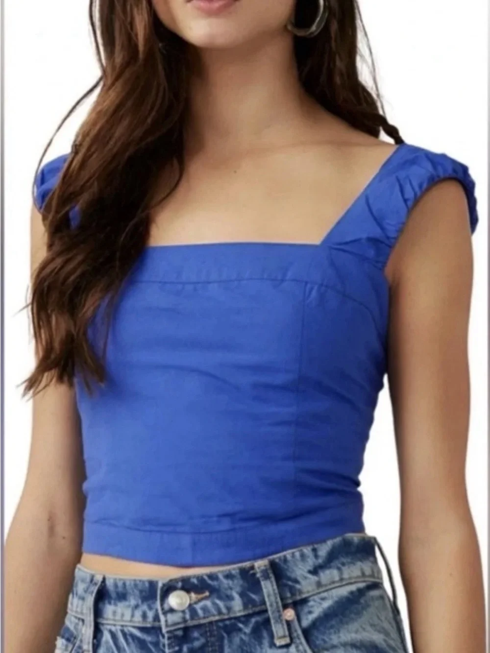 Free People Square Neck Cap Sleeve Crop Top in Blue